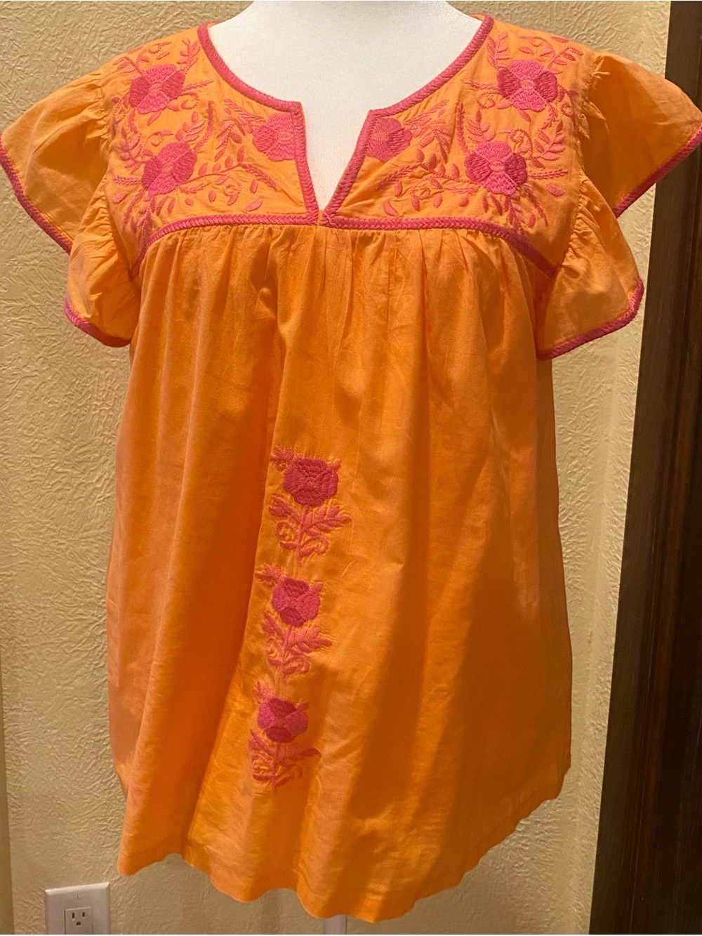 Embroidered Orange Tunic with Pink Floral Detail